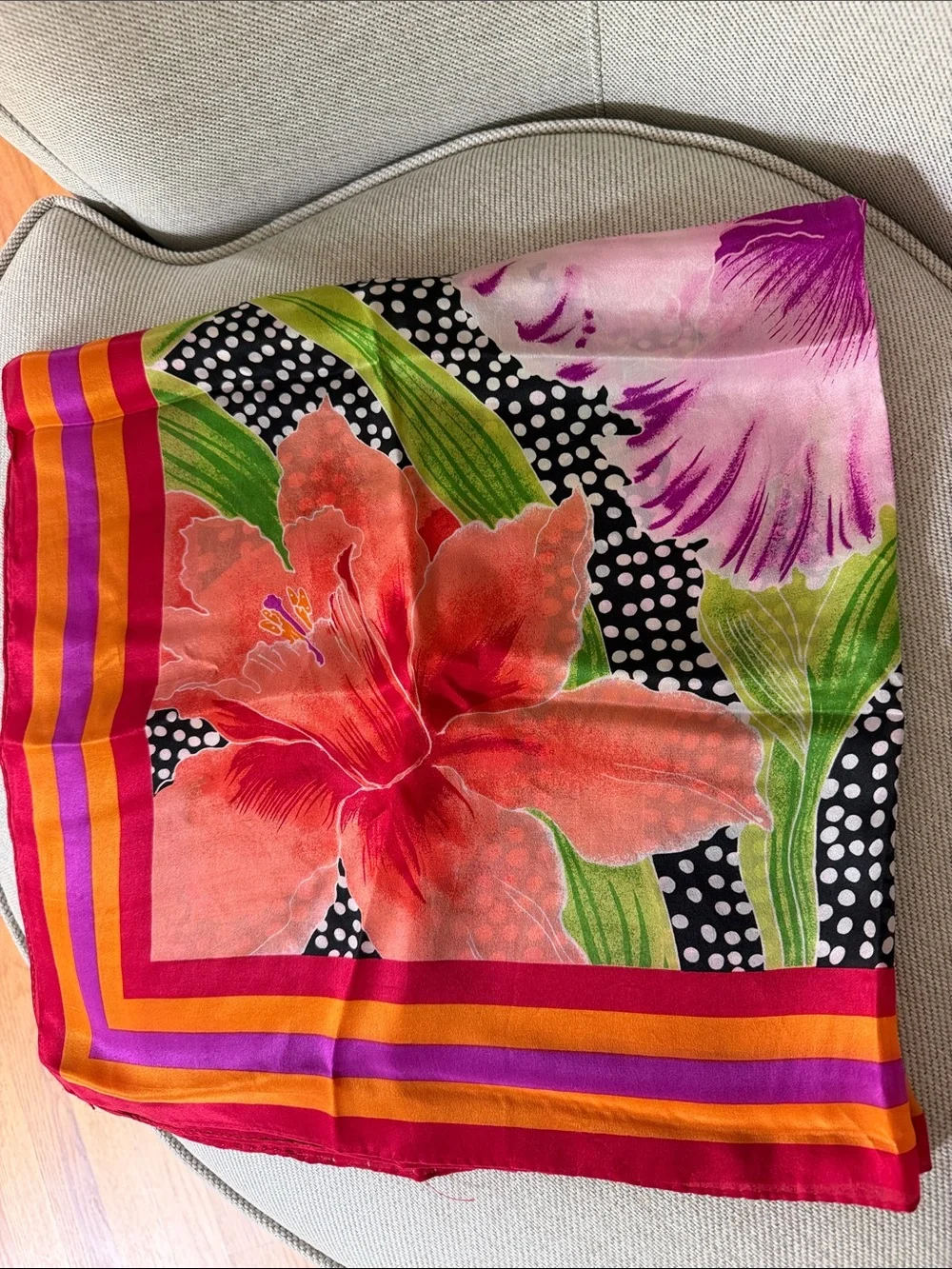 Vintage Vibrant Tropical Floral & Polka Dot Silk Square Scarf